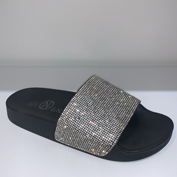 SPARKLY RHINESTONE BLACK SLIDES - Picture 1 of 8